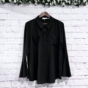 Calvin Klein Bell Sleeve Button Down Shirt‎ Black Size XL Lightweight Career